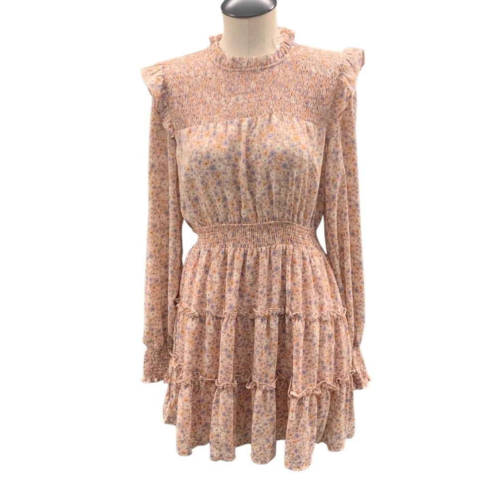 BY THE RIVER Floral Ruffle Smocked Tiered Mini Dress Pink Size L